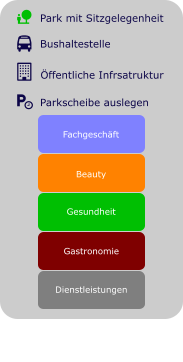 Gastronomie Gesundheit Dienstleistungen Beauty Fachgeschäft Park mit Sitzgelegenheit Bushaltestelle Öffentliche Infrsatruktur Parkscheibe auslegen